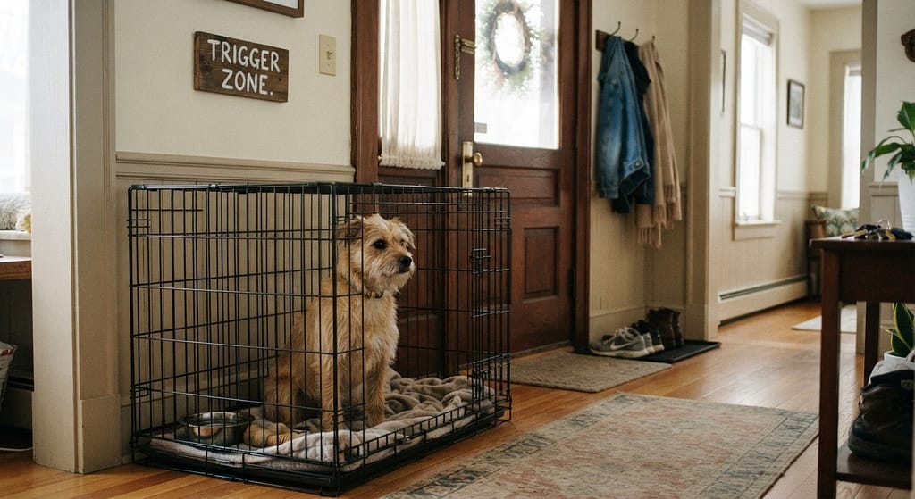 Crate near front door photo Crate next to door, dog on alert. Text: "Trigger zone."