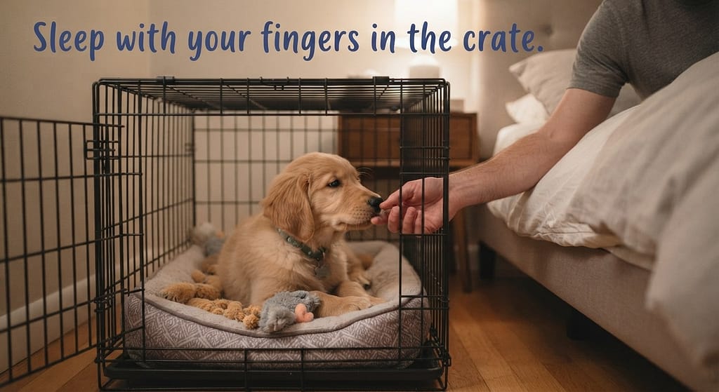 Crate next to bed photo Crate right next to bed, owner's hand through holes. Text: "Sleep with your fingers in the crate."