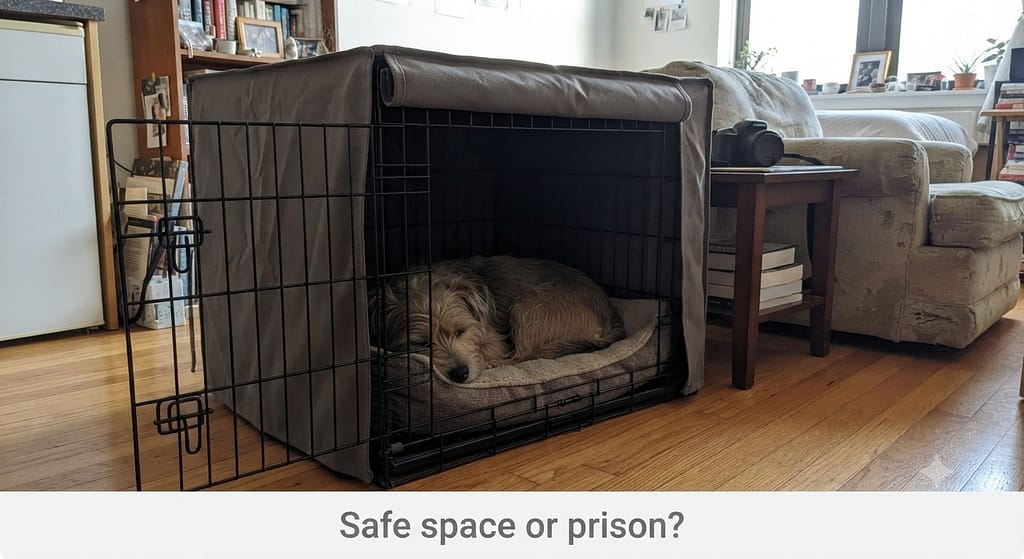 Covered crate photo Crate with cover, dog inside calmly. Text: "Safe space or prison?"