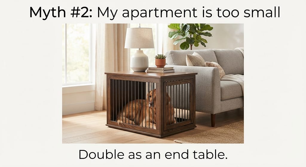 "Myth #2: My apartment is too small" Crate as end table photo Crate with tabletop and lamp, looking like furniture. Text: "Double as an end table."