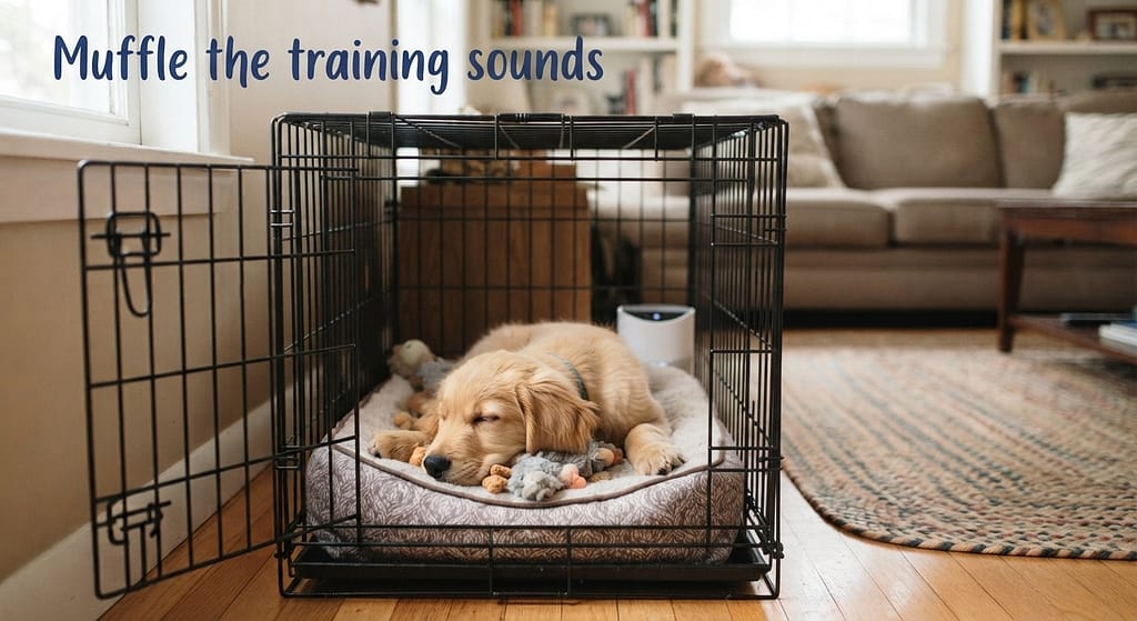 White noise + crate photo Crate with white noise machine, dog calm. Text: "Muffle the training sounds