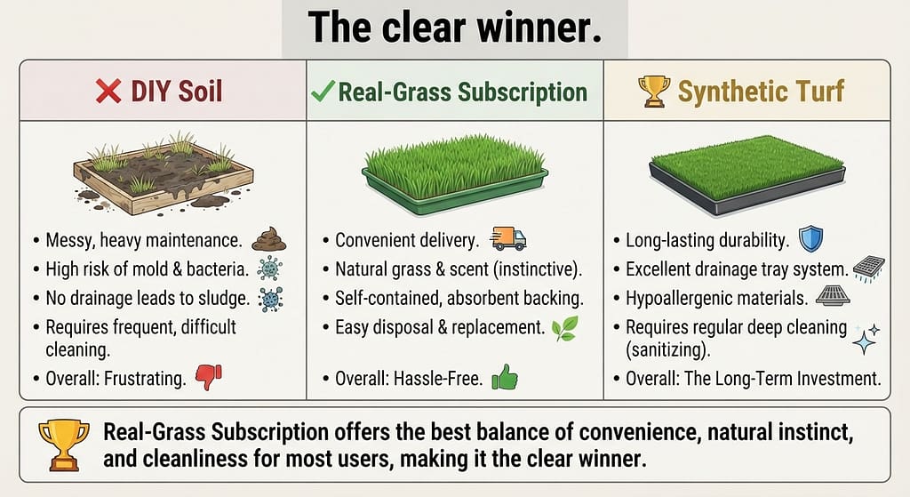 Decision matrix graphic 3 columns: DIY Soil (❌), Real-Grass Subscription (✅), Synthetic Turf (🏆). Text: "The clear winner."