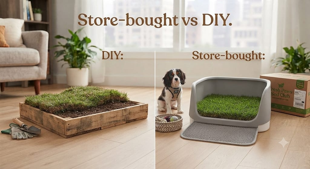 DIY grass patch photo DIY sod tray vs store-bought subscription. Text: "Store-bought vs DIY."
