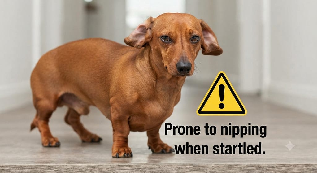 Dachshund nipping warning Dachshund with caution icon. Text: "Prone to nipping when startled."
