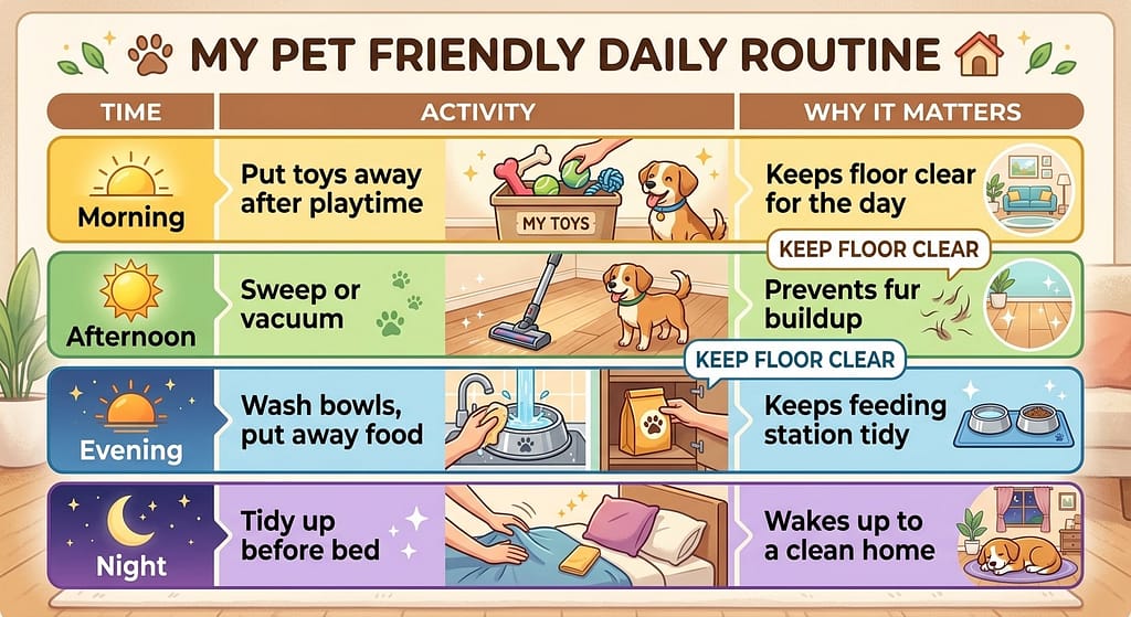 Time
Activity
Why It Matters
Morning
Put toys away after playtime
Keeps floor clear for the day
Afternoon
Sweep or vacuum
Prevents fur buildup
Evening
Wash bowls, put away food
Keeps feeding station tidy
Night
Tidy up before bed
Wakes up to a clean home