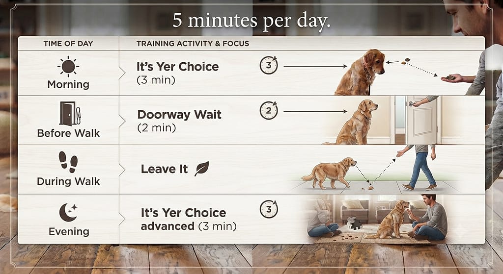 Daily schedule infographic Morning: It's Yer Choice (3 min) / Before Walk: Doorway Wait (2 min) / During Walk: Leave It / Evening: It's Yer Choice advanced (3 min). Text: "5 minutes per day."