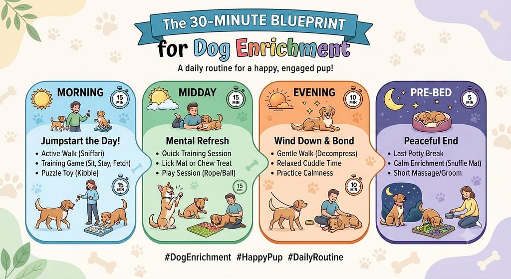 Daily schedule infographic Morning (15 min) / Midday (15 min) / Evening (10 min) / Pre-bed (5 min). Text: "The 30-minute blueprint."