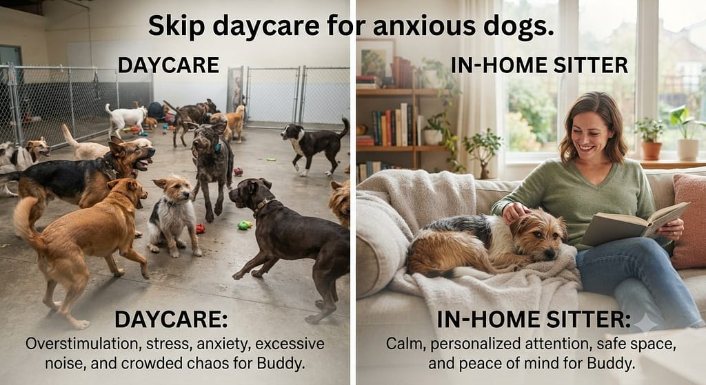 Daycare vs sitter comparison Daycare (overstimulation) vs In-home sitter (calm). Text: "Skip daycare for anxious dogs."