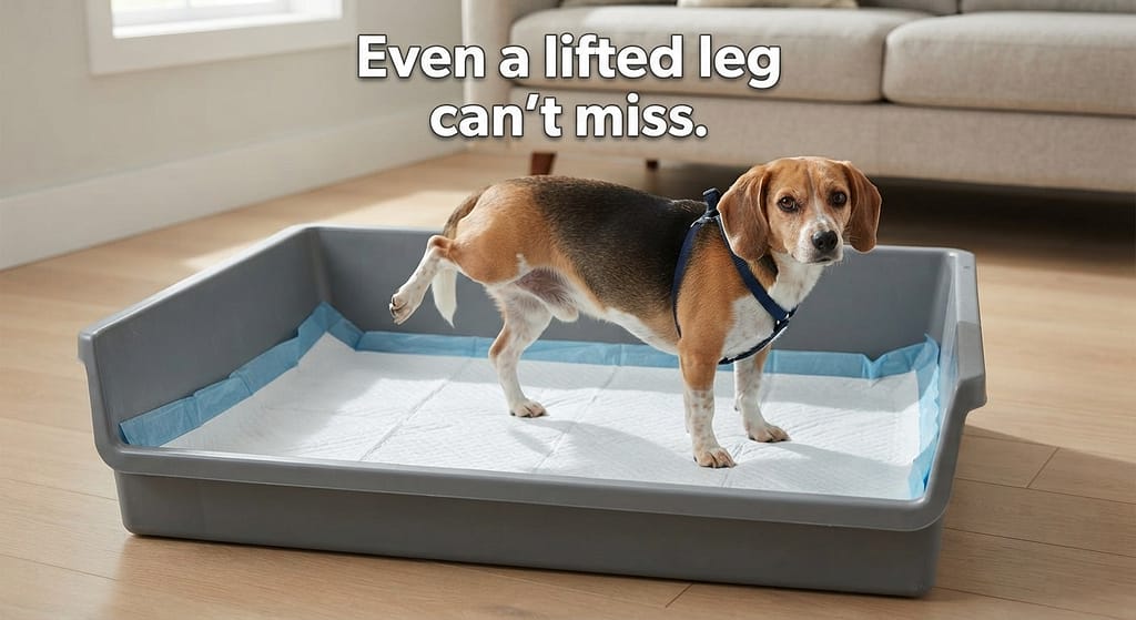 Concrete mixing tray photo Deep plastic tray with pad inside. Text: "Even a lifted leg can't miss."