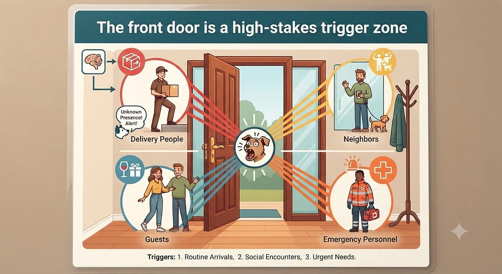 Doorway trigger infographic Delivery People / Neighbors / Guests / Emergency. Text: "The front door is a high-stakes trigger zone."
