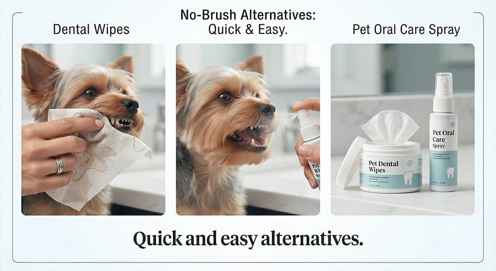 No-brush products photo Dental wipes, sprays. Text: "Quick and easy alternatives."