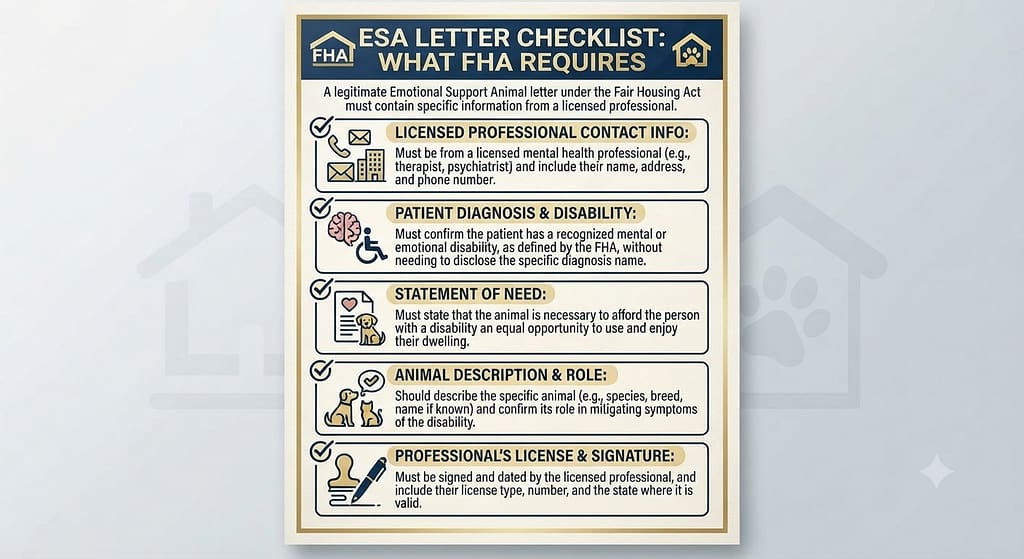 ESA letter checklist Diagnosis, license number, statement, contact info. Text: "What FHA requires."