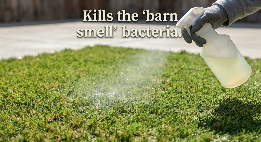 Bleach solution spray photo Diluted bleach spray on turf. Text: "Kills the 'barn smell' bacteria."