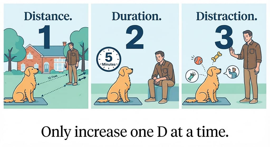 Three D's infographic Distance / Duration / Distraction. Text: "Only increase one D at a time."