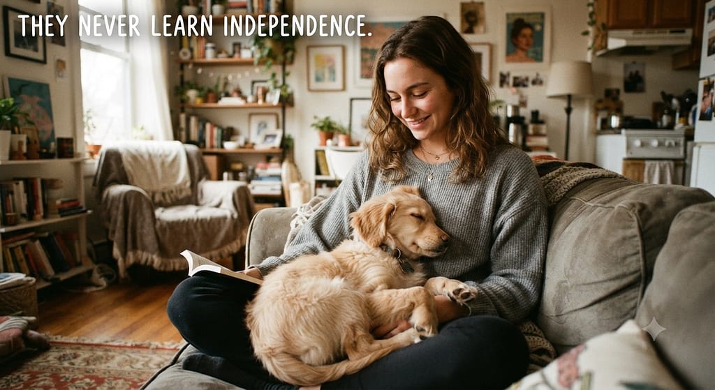 Studio apartment dog photo Dog always in lap, constant presence. Text: "They never learn independence."