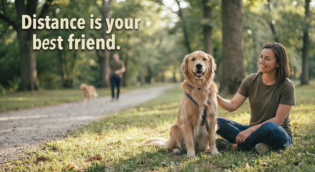 Threshold distance photo Dog at safe distance from trigger, relaxed. Text: "Distance is your best friend."