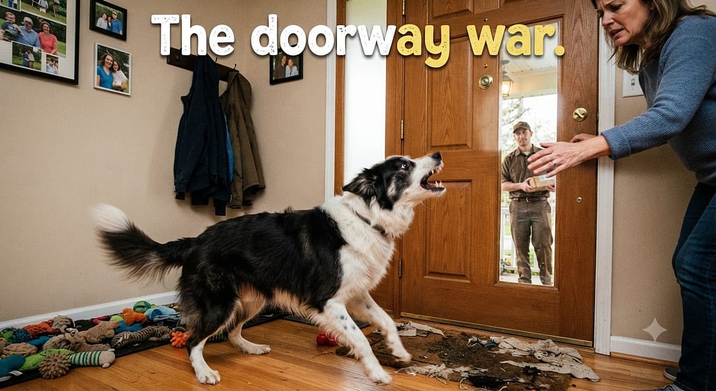 Relatable "door frenzy" photo Dog barking at door, owner trying to open, delivery person visible through peephole. Text: "The doorway war."