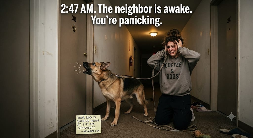 Relatable "2 AM" photo Dog barking at door, stressed owner, neighbor complaint note visible. Text: "2:47 AM. The neighbor is awake. You're panicking."