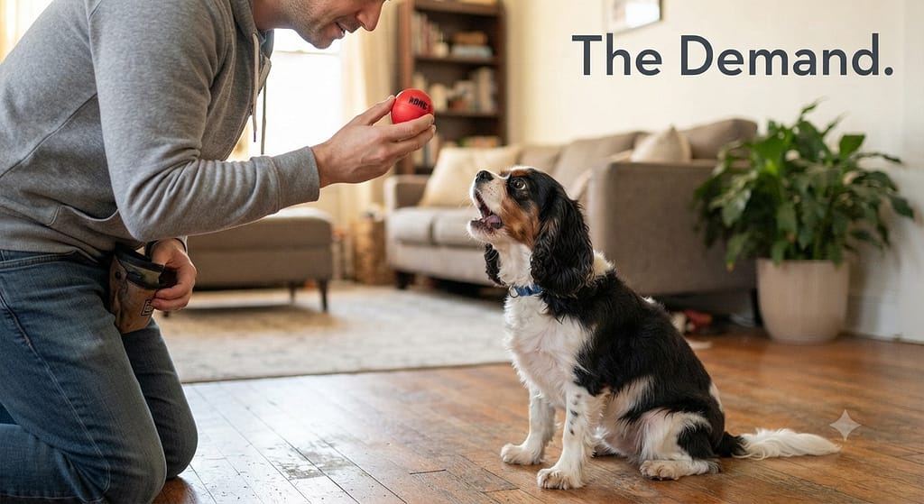 Demand barking photo Dog barking at owner holding treat/toy. Text: "The Demand."