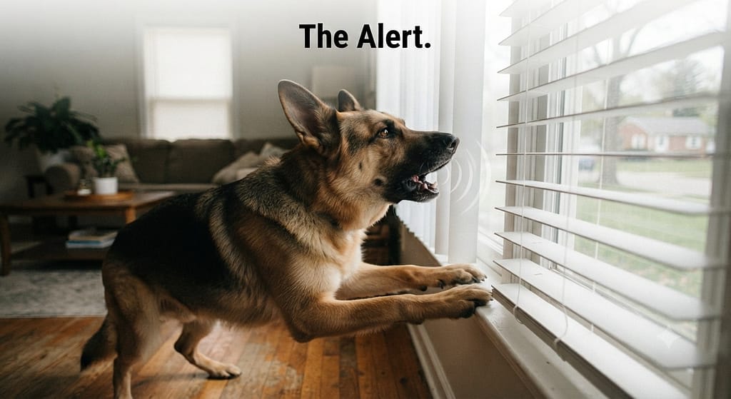 Window barking photo Dog barking at window, blinds visible. Text: "The Alert."