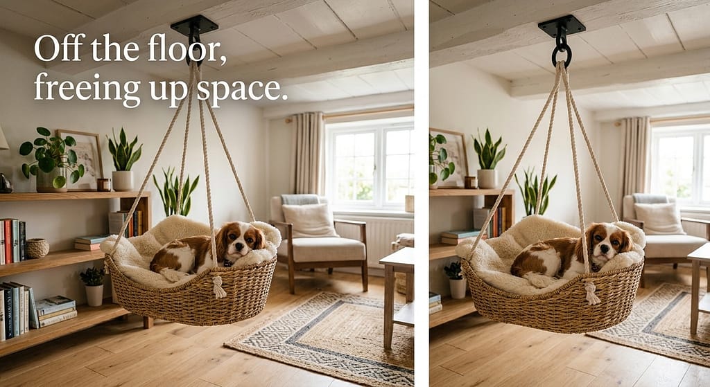 Ceiling hook with hanging bed photo Dog bed suspended from ceiling hook. Text: "Off the floor, freeing up space."