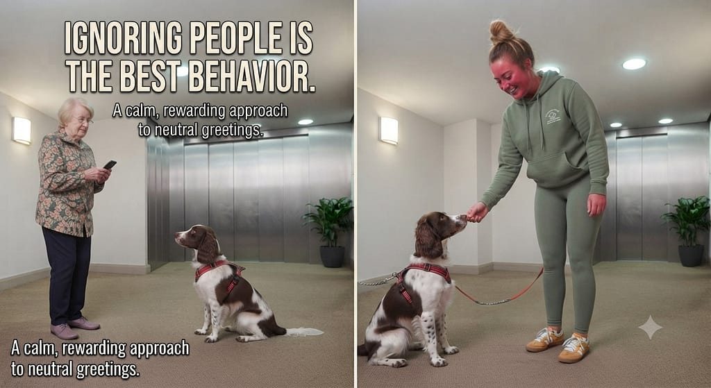 Neutral greeting hero photo Dog being ignored by stranger, calm, owner treating. Text: "Ignoring people is the best behavior."