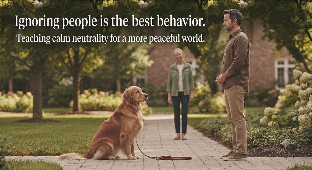 Neutral greeting photo Dog being ignored by stranger, calm. Text: "Ignoring people is the best behavior."