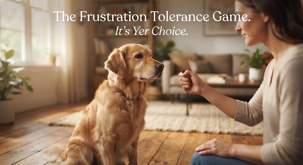 It's Yer Choice hero photo Dog calmly looking at owner, ignoring treat in closed fist. Text: "The Frustration Tolerance Game."