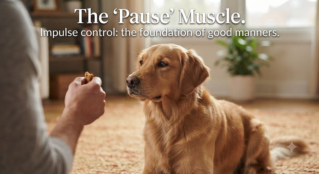 Impulse control hero photo Dog calmly looking at owner, ignoring treat in fist. Text: "The 'Pause' Muscle."