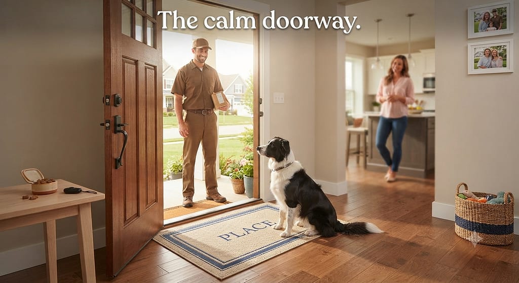"After" hero photo Dog calmly on "Place" as door opens, delivery person relaxed, owner peaceful. Text: "The calm doorway."