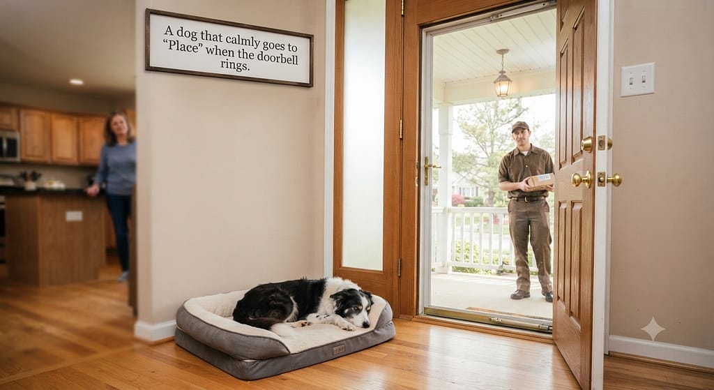 Place command at door photo Dog calmly on bed while door is open. Text: "A dog that calmly goes to 'Place' when the doorbell rings."