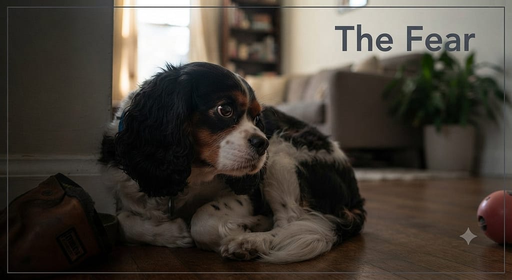 Fearful dog photo Dog cowering, trembling. Text: "The Fear
