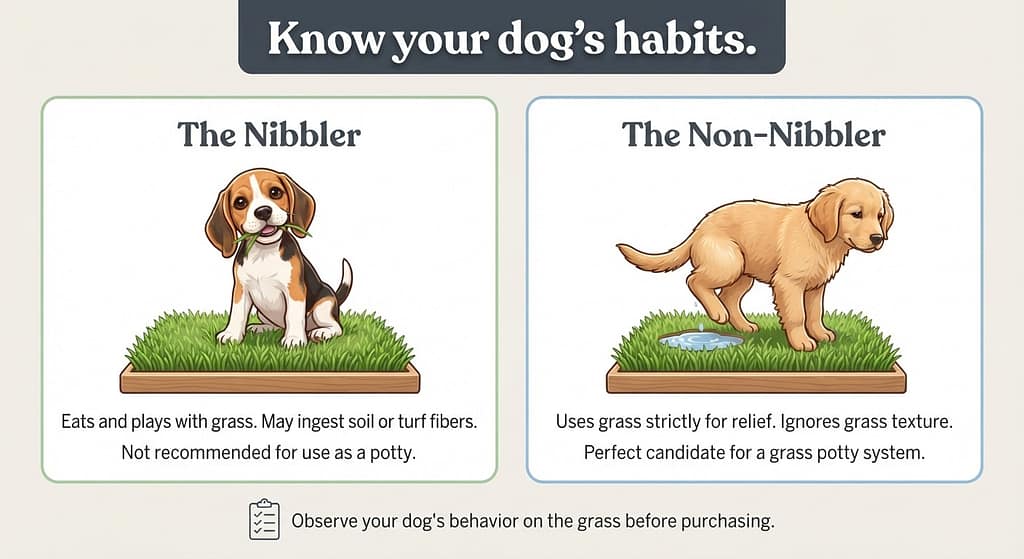 Nibbler vs non-nibbler comparison Dog eating grass vs Dog just peeing. Text: "Know your dog's habits."