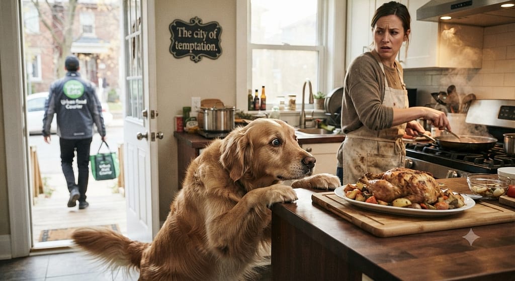 Relatable "temptation" photo Dog eyeing food on counter, owner trying to cook, delivery person visible through door. Text: "The city of temptation."