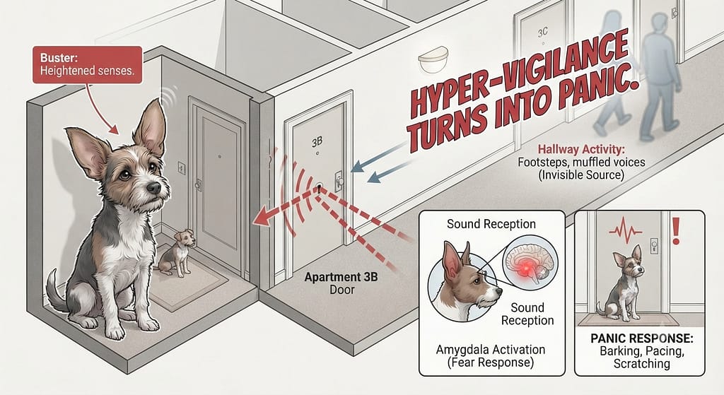 Apartment hallway diagram Dog hearing neighbors but can't see them. Text: "Hyper-vigilance turns into panic."