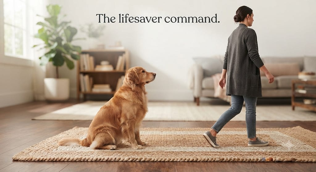 Stay command hero photo Dog holding stay, owner stepping away. Text: "The lifesaver command."