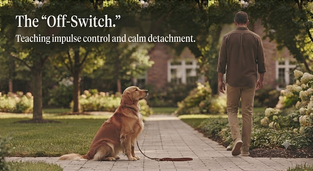 Stay command photo Dog holding stay, owner walking away. Text: "The 'Off-Switch.'"