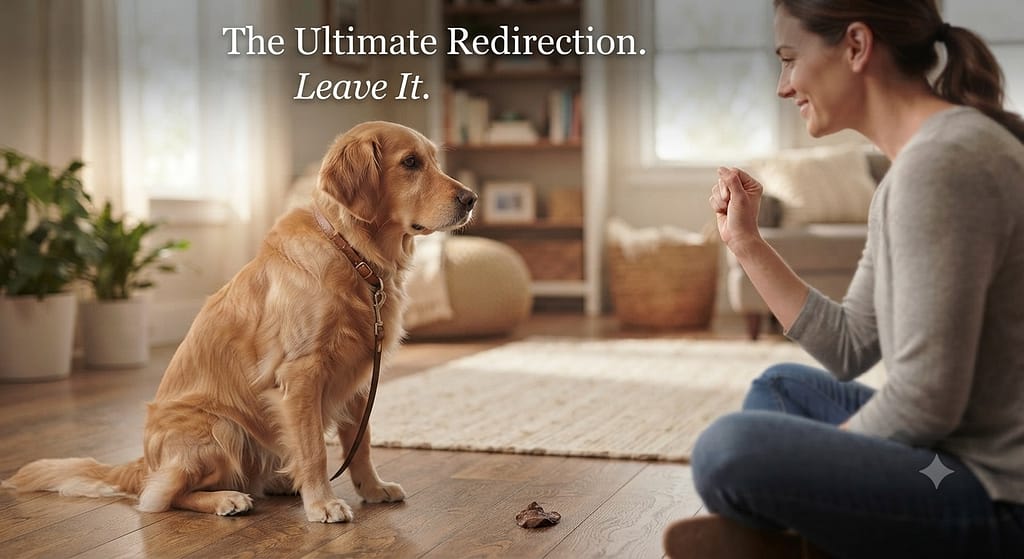 Leave it hero photo Dog ignoring treat on floor, looking at owner. Text: "The Ultimate Redirection."