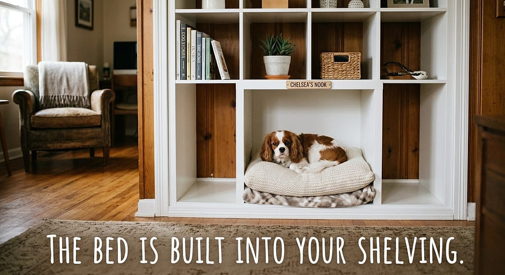 Kallax bed hack photo Dog in Kallax cubby with cushion. Text: "The bed is built into your shelving."