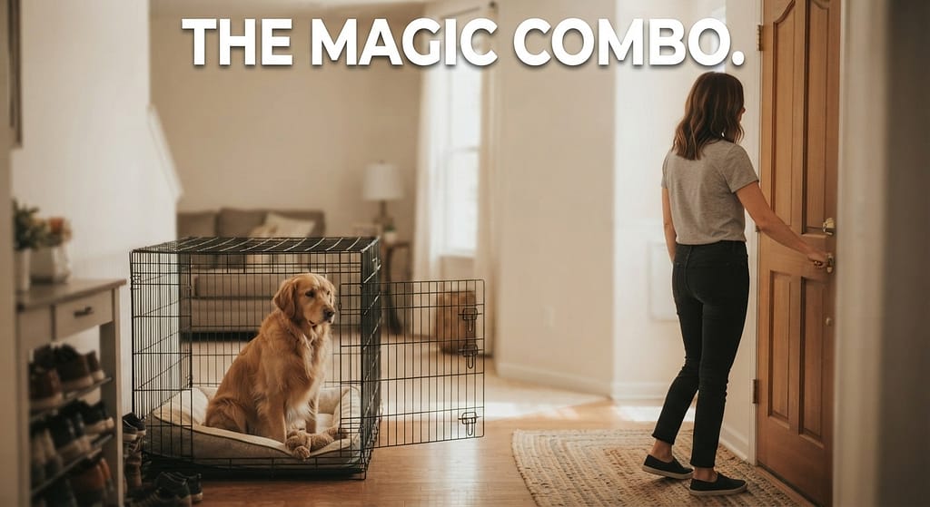 Crate + flit combo photo Dog in crate, owner at door. Text: "The magic combo."