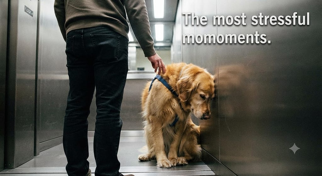 Elevator stress photo Dog in elevator corner, facing wall, owner blocking view. Text: "The most stressful moments."