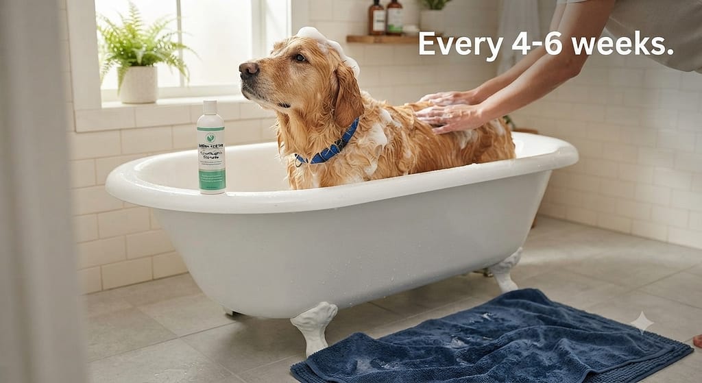Bath time photo Dog in tub with hypoallergenic shampoo, towel on floor. Text: "Every 4-6 weeks."