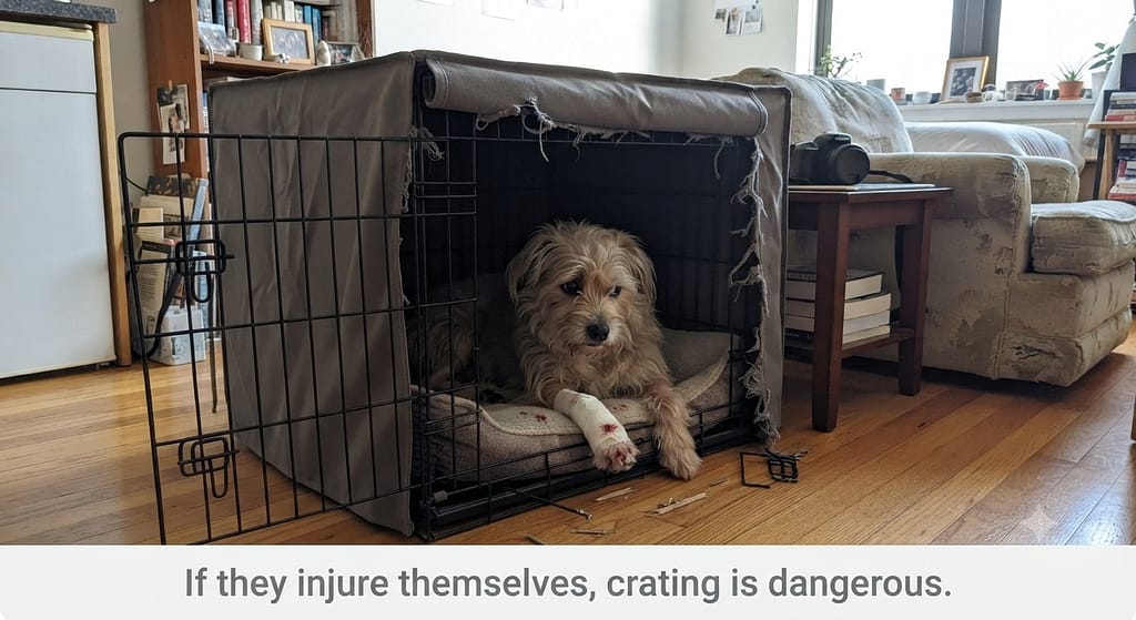 Damaged crate photo Dog injured from escape attempt. Text: "If they injure themselves, crating is dangerous."