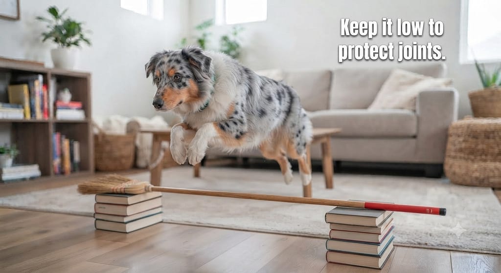 Low jump photo Dog jumping over broomstick on books. Text: "Keep it low to protect joints."