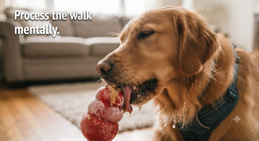 Frozen Kong action photo Dog licking frozen Kong after walk. Text: "Process the walk mentally."