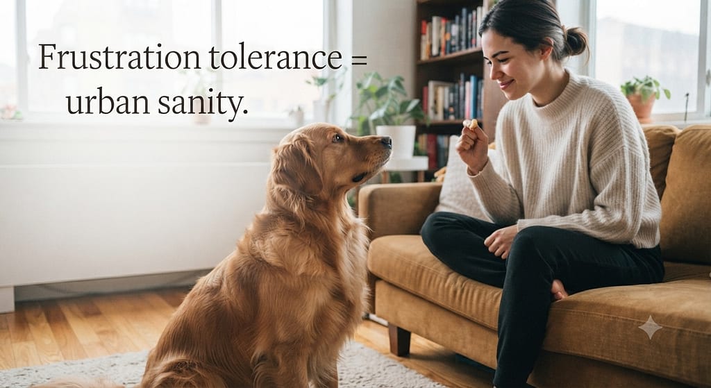 Impulse control hero photo Dog looking at owner's face, ignoring treat in fist. Text: "Frustration tolerance = urban sanity."
