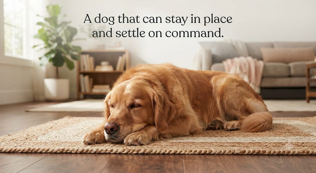 Settled dog photo Dog lying calmly on mat. Text: "A dog that can stay in place and settle on command."