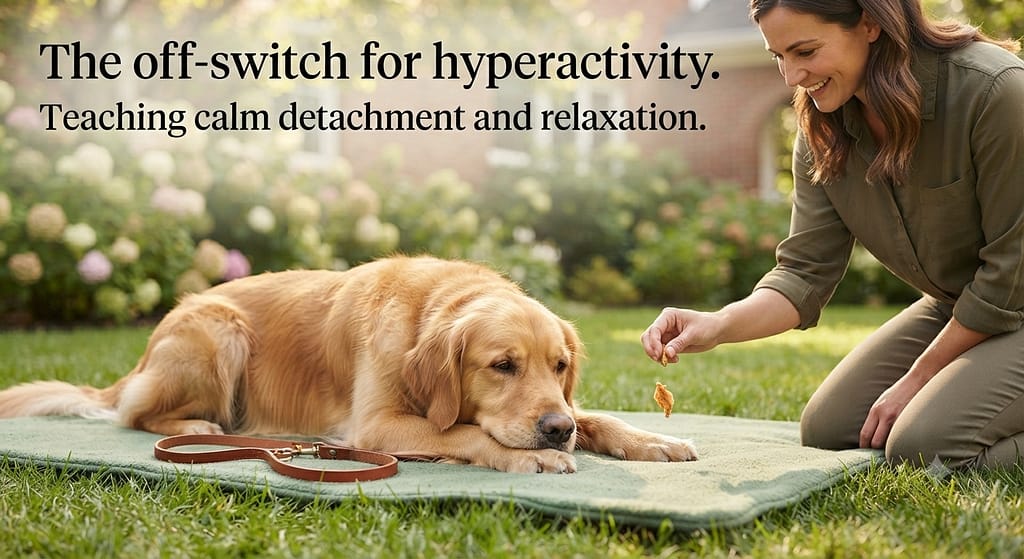 Settle command photo Dog lying down relaxed, owner dropping treat between paws. Text: "The off-switch for hyperactivity."