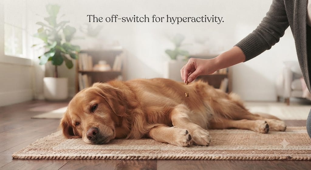Settle command hero photo Dog lying down relaxed, owner dropping treat between paws. Text: "The off-switch for hyperactivity."