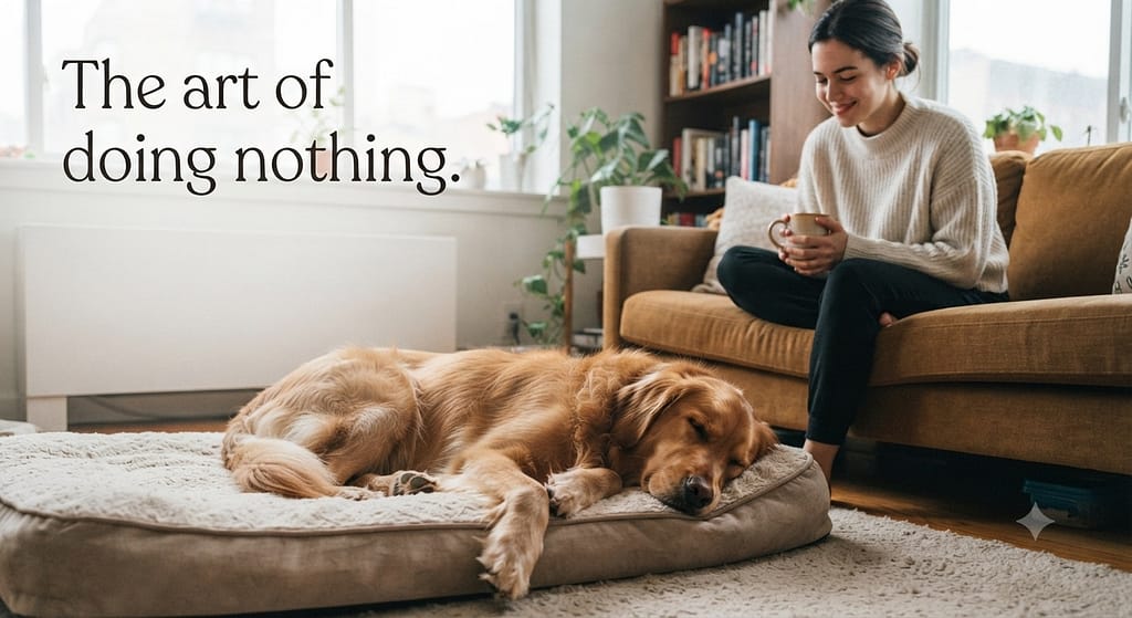 Calm dog resting photo Dog lying down relaxed, owner sitting nearby. Text: "The art of doing nothing."